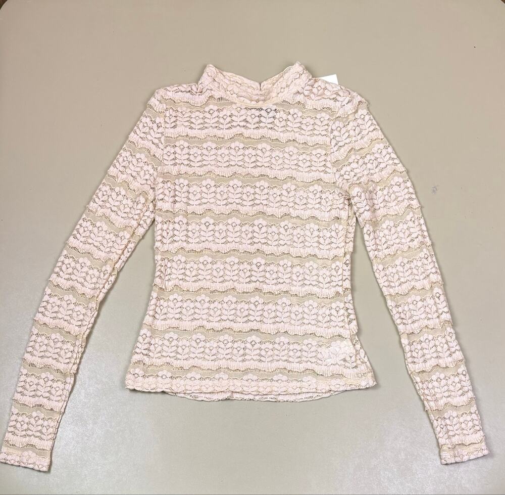 Women’s Lace Mock Neck Long Sleeve Top Blush Pink Floral Sheer Size S NWT